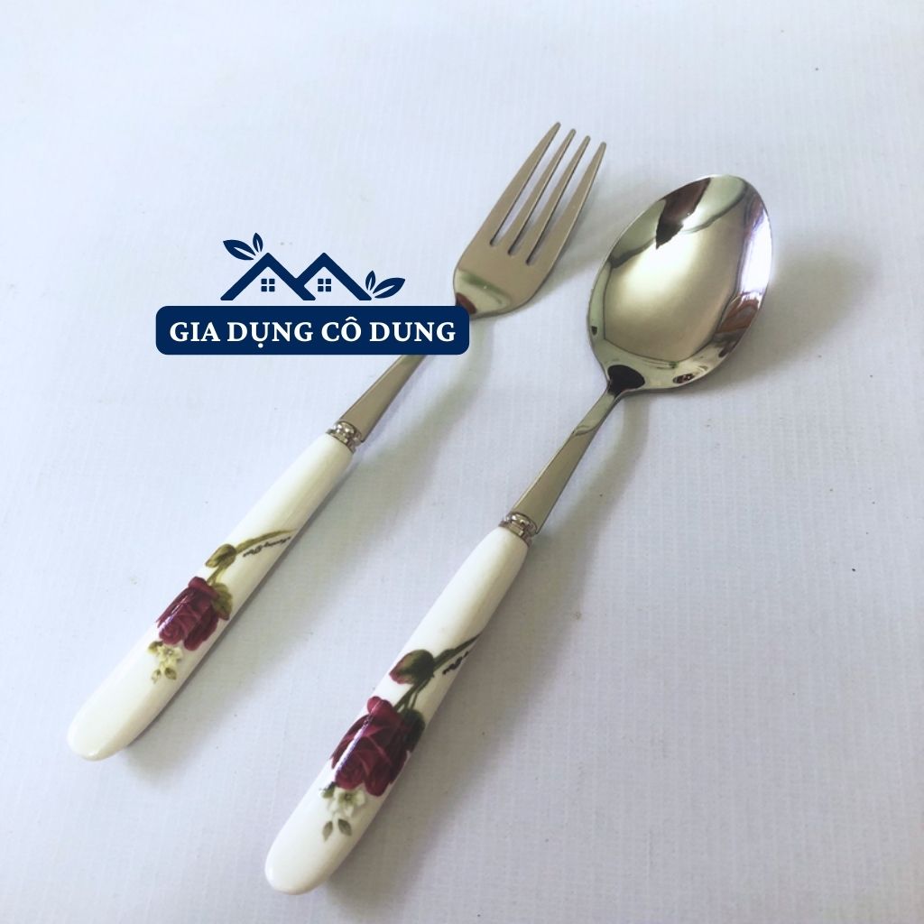 Muỗng/Thìa inox cán sứ in hoa văn