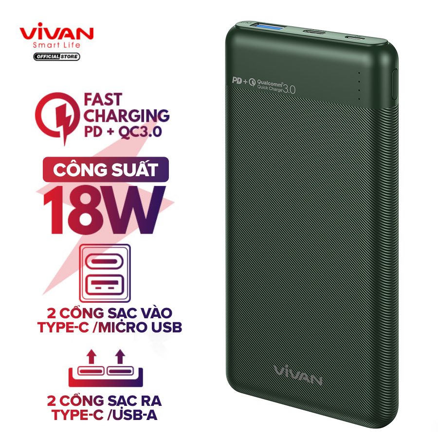 Pin Sạc Dự Phòng Chính Hãng VIVAN VPB-M10 10000mAh Sạc Nhanh 2 chiều 18W Quick Chare 3.0  2Input 2Output Type C  Kèm Cáp Type-C  BH 12 THÁNG 1 ĐỔI 1