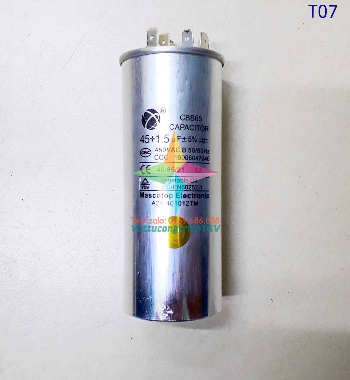 Tụ điều hòa MASCOTOP kiểu CBB65 loại 45uF+5% - Tụ 2 chân/ 3 chân