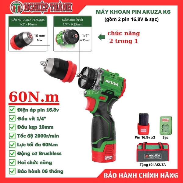 Máy khoan dùng pin 16,8v akuza k6 không chổi than đầu kẹp autolook 10mm pin 4 cell