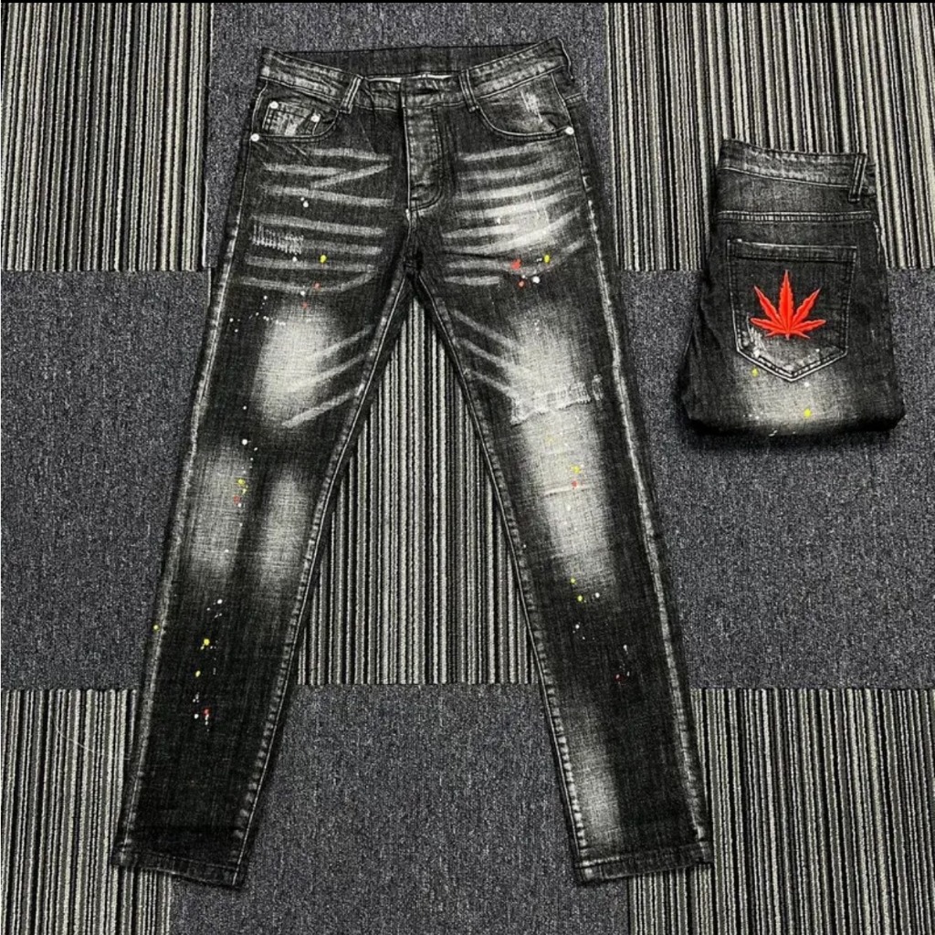 Quần jean nam xanh thêu lá 5 cánh chất bò dày dặn co dãn tốt mẫu mới cao cấp-DVFASHION
