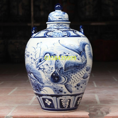 Bình ngâm rượu Sứ Bát Tràng vẽ sen cá 30L