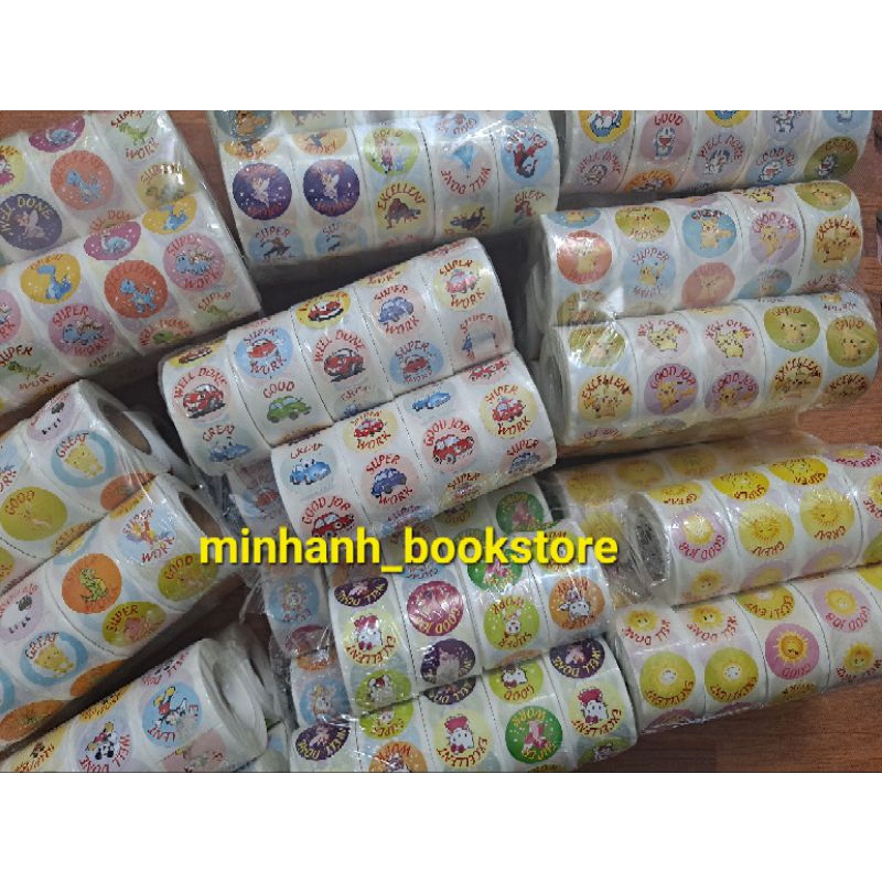 Sét 10 cuộn sticker lời khen tiếng anh, mỗi cuộn 500 sticker