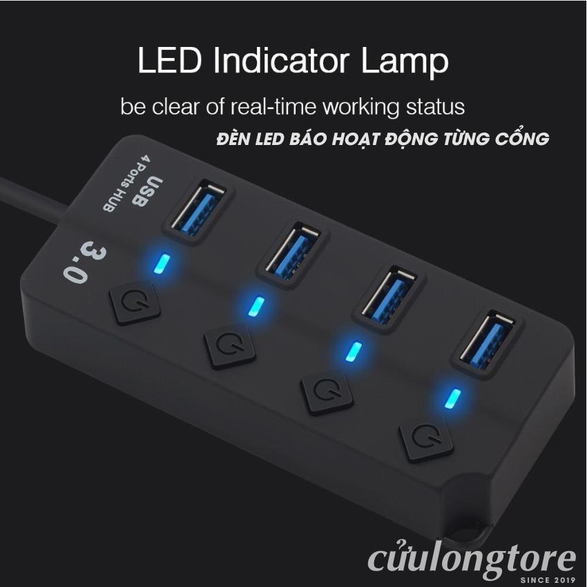 Bộ Chia Cổng USB OTG Hub USB 3.0 cổng USB mở rộng đầu chia USB 1 ra 4 và 7 dây dài cổng công tắc nguồn phụ đèn Led