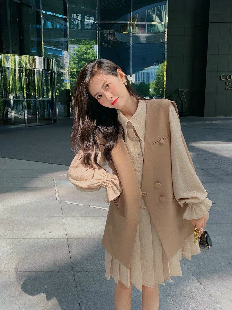 Set đầm sơmi kèm áo khoác gile