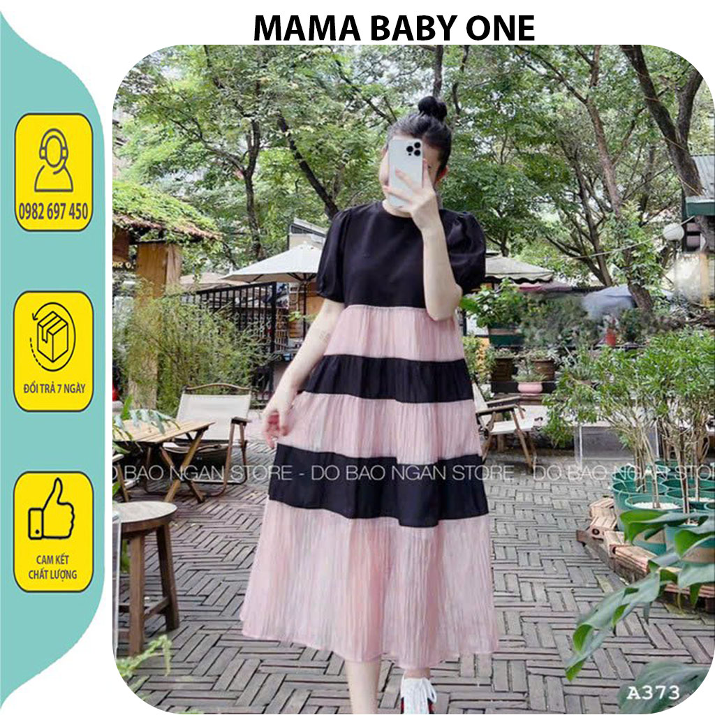 Váy đầm bầu công sở mùa hè-đầm bầu thiết kế babaydool suông basic dáng dài tầng qua gối phối màu đẹp fresize