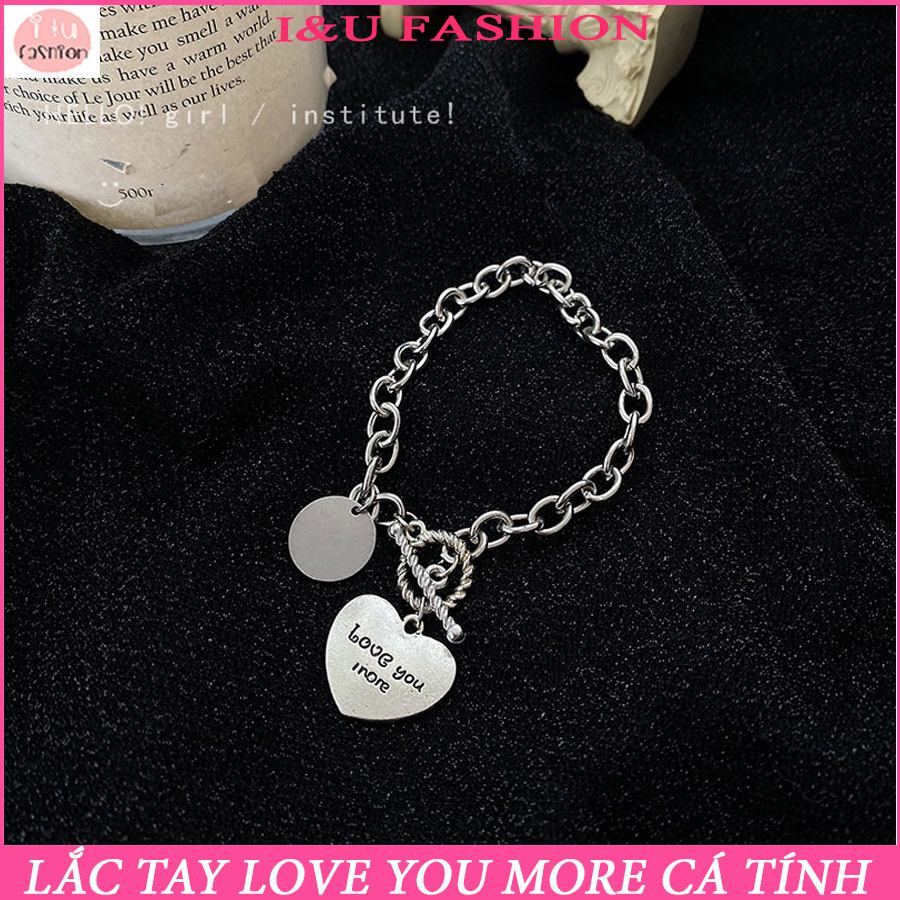 Vòng tay lắc tay nữ Love you more chất liệu kim loại màu Bạc kiểu gài tiện lợi hình trái tim độc đáo với dây xích to bản cá tính VT-31