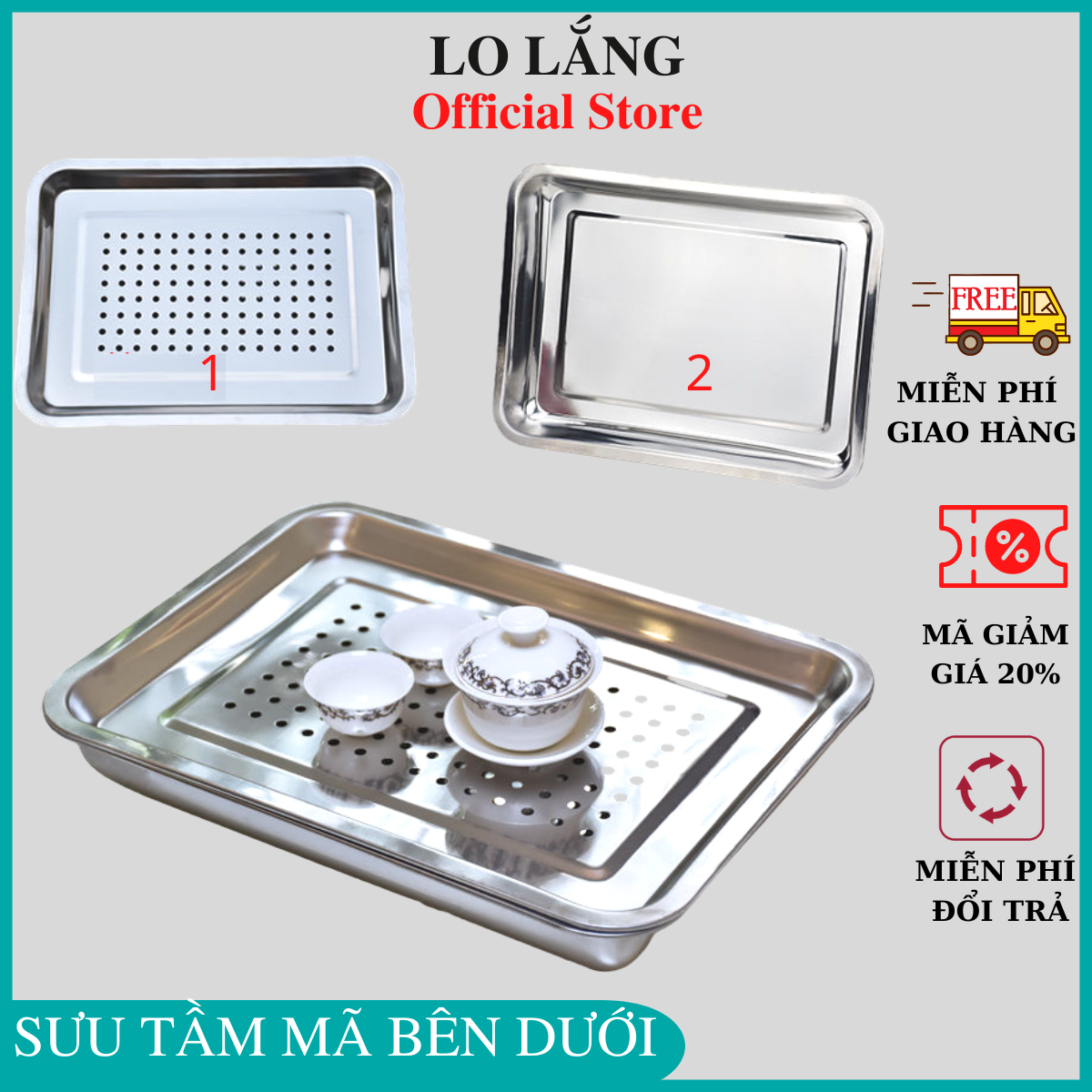Khay trà úp ly , bình trà inox size lớn 36x27 làm bằng inox không gỉ sáng bóng an toàn cho sức khỏe
