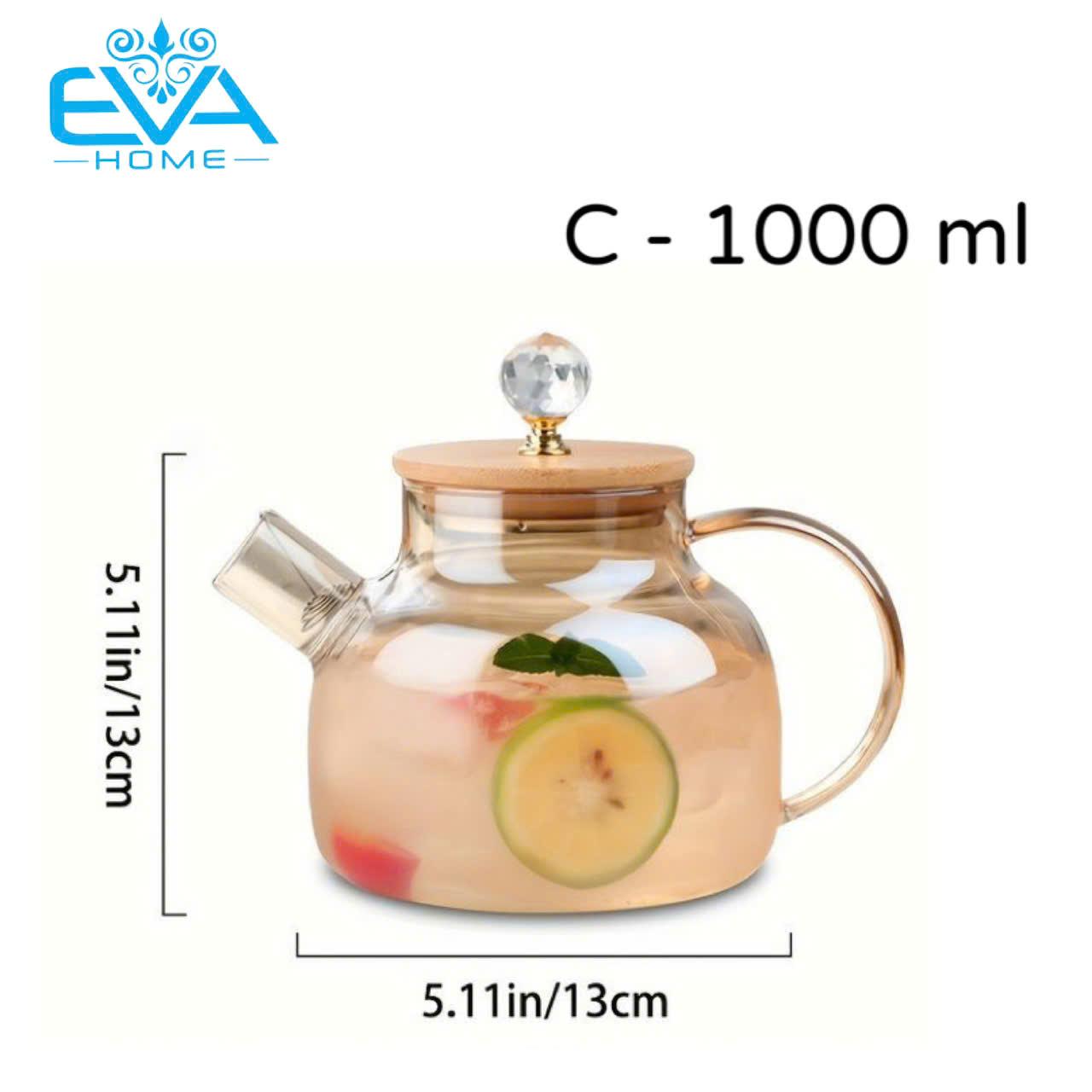 Bình Pha Trà Thuỷ Tinh Ánh Vàng Chịu Nhiệt Lưới Lọc Lò Xo Kèm Nắp Gỗ Cách Điệu Sang Trong 1000ML