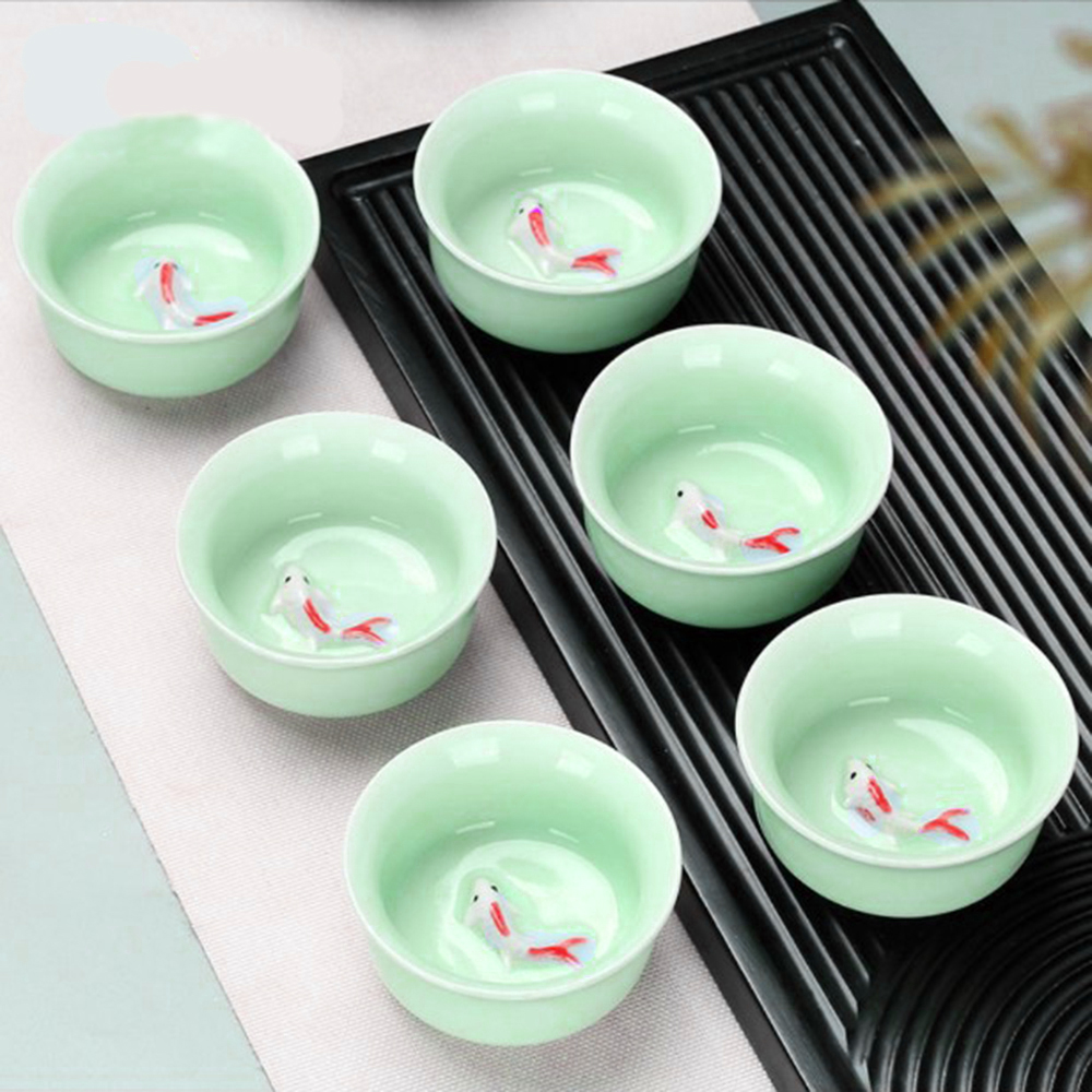 Chén trà gốm sứ cá chép 3d men ngọc