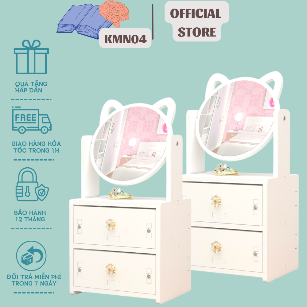 Kệ mỹ phẩm mini có gương, kệ đựng mĩ phẩm tai thỏ xinh xắn, kệ mỹ phẩm để bàn phòng ngủ, tủ trang điểm mini để bàn, bàn trang điểm phòng ngủ, tủ để đồ trang điểm phòng ngủ, Tủ trang điểm mini để bàn