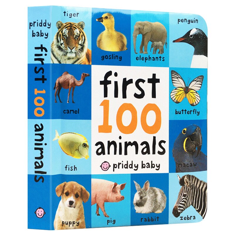 First 100 Animals Words Book for Kids Early Education Hardcover Board Book Baby Learning English Picture Books Montessori Toys