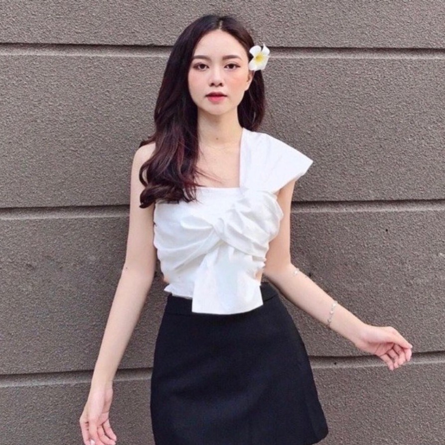 Áo thun kiểu phối nơ vai croptop body Free Size dưới 53kg chất thun kate lụa dành cho nữ cá tính sexy gợi cảm sang trọng