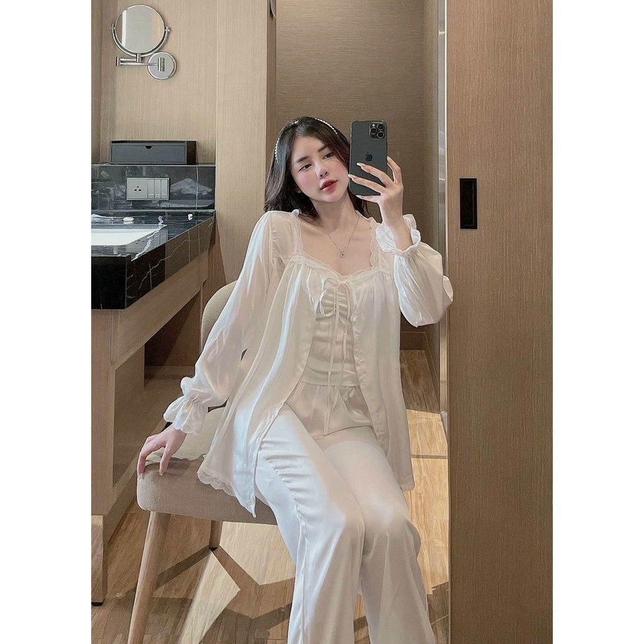 Set Pijama Tiểu Thư Cao Cấp Combo 3 Món Lụa Latin - Đồ Ngủ Nữ Đồ Bộ Freesize