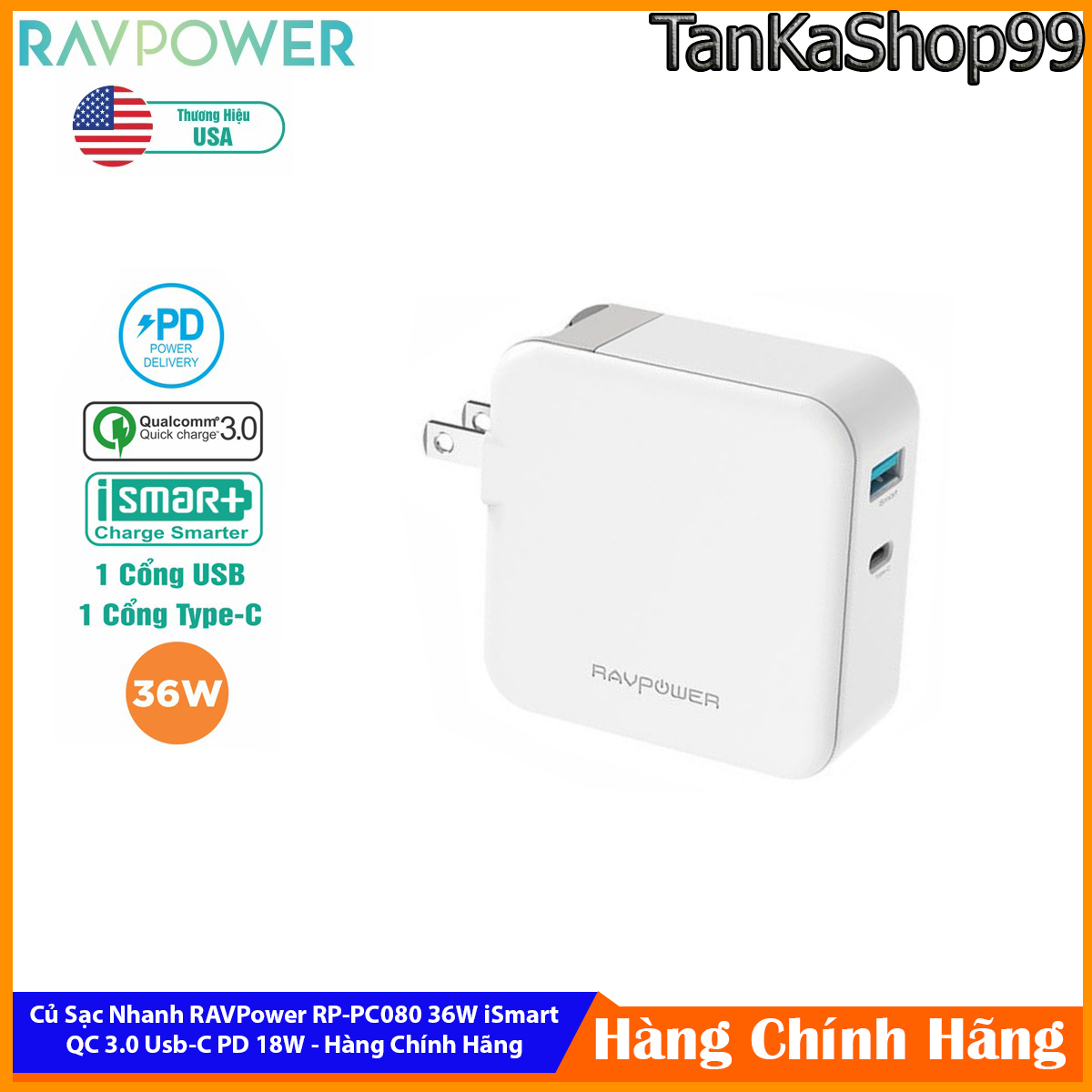 Củ Sạc RAVPower RP-PC080 36W iSmart, QC 3.0, USB Type C PD 36W