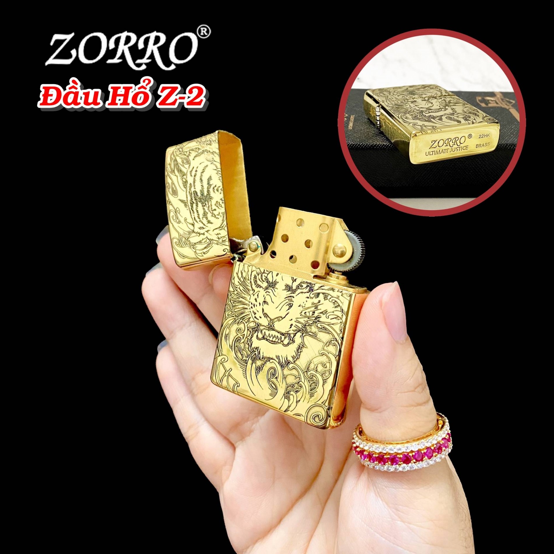 BẬT LỬA ZIPPO KHẮC 2 MẶT HÌNH ĐẦU HỔ RUỘT VÀNG Z-2 (FULL BOX)