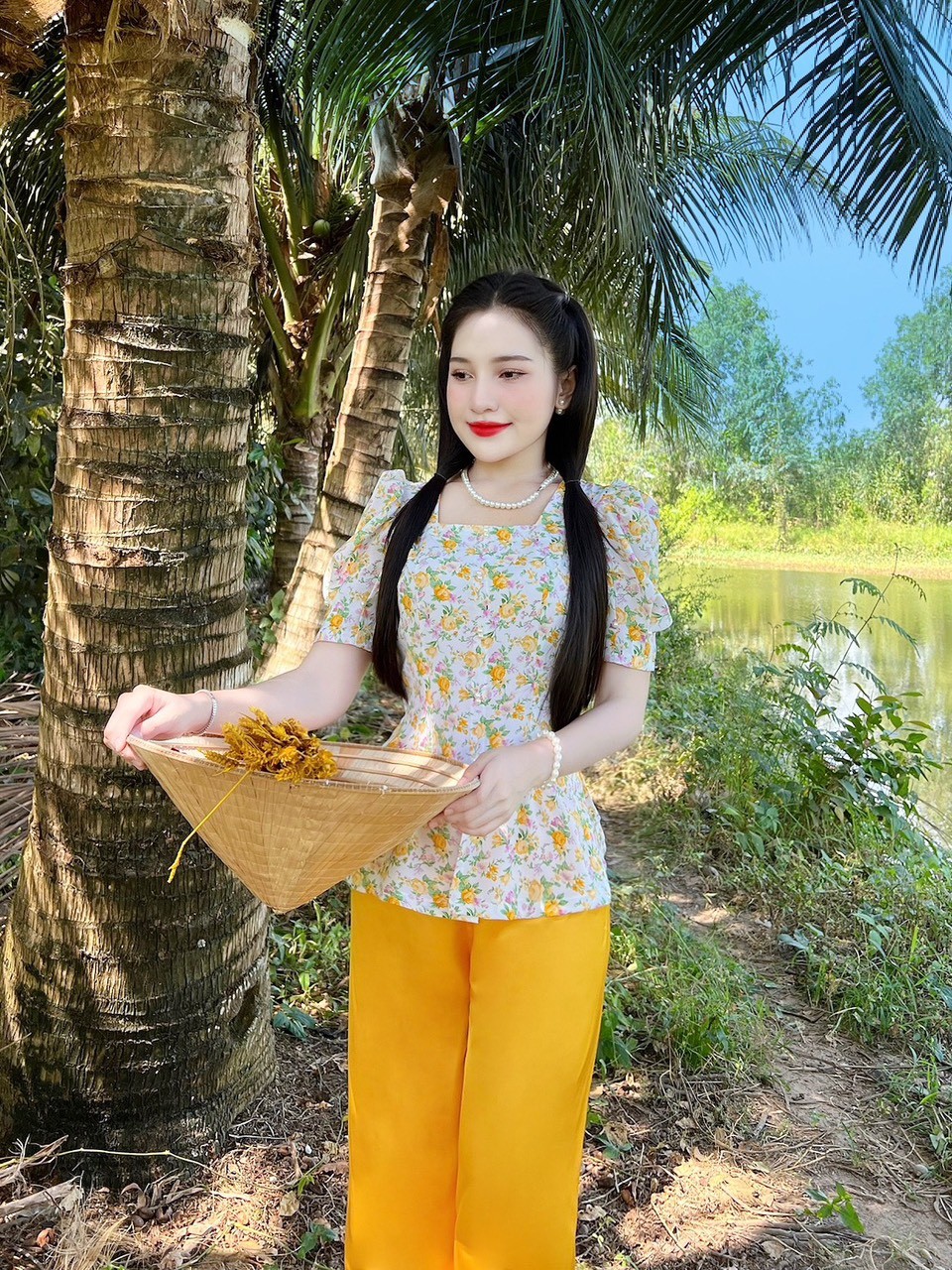 SÉT BỘ BÀ BA CỔ VUÔNG HOA NÚT NGỌC SIÊU XINH