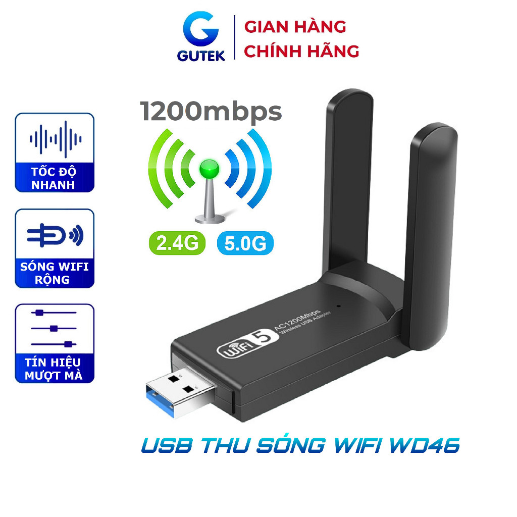 USB thu sóng wifi Gutek WD46 1200mbps 2 râu nâng cấp WiFi lên 5G cho máy tính, pc , laptop tần số 2.4G 5G siêu nhanh