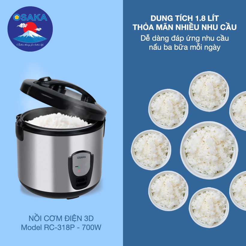 Nồi cơm điện 3D OSAKA RC-318P 1.8L (Xám ánh bạc)