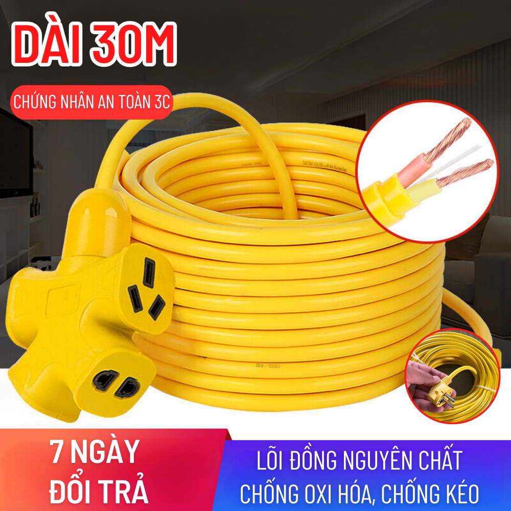 Cuộn Dây Điện Dài 30M Kèm Ổ Cắm, Phích Cắm Đúc Chịu Lực Cao Đa Năng Tiện Lợi Dài 30M, Dây Cấp Nguồn 220V
