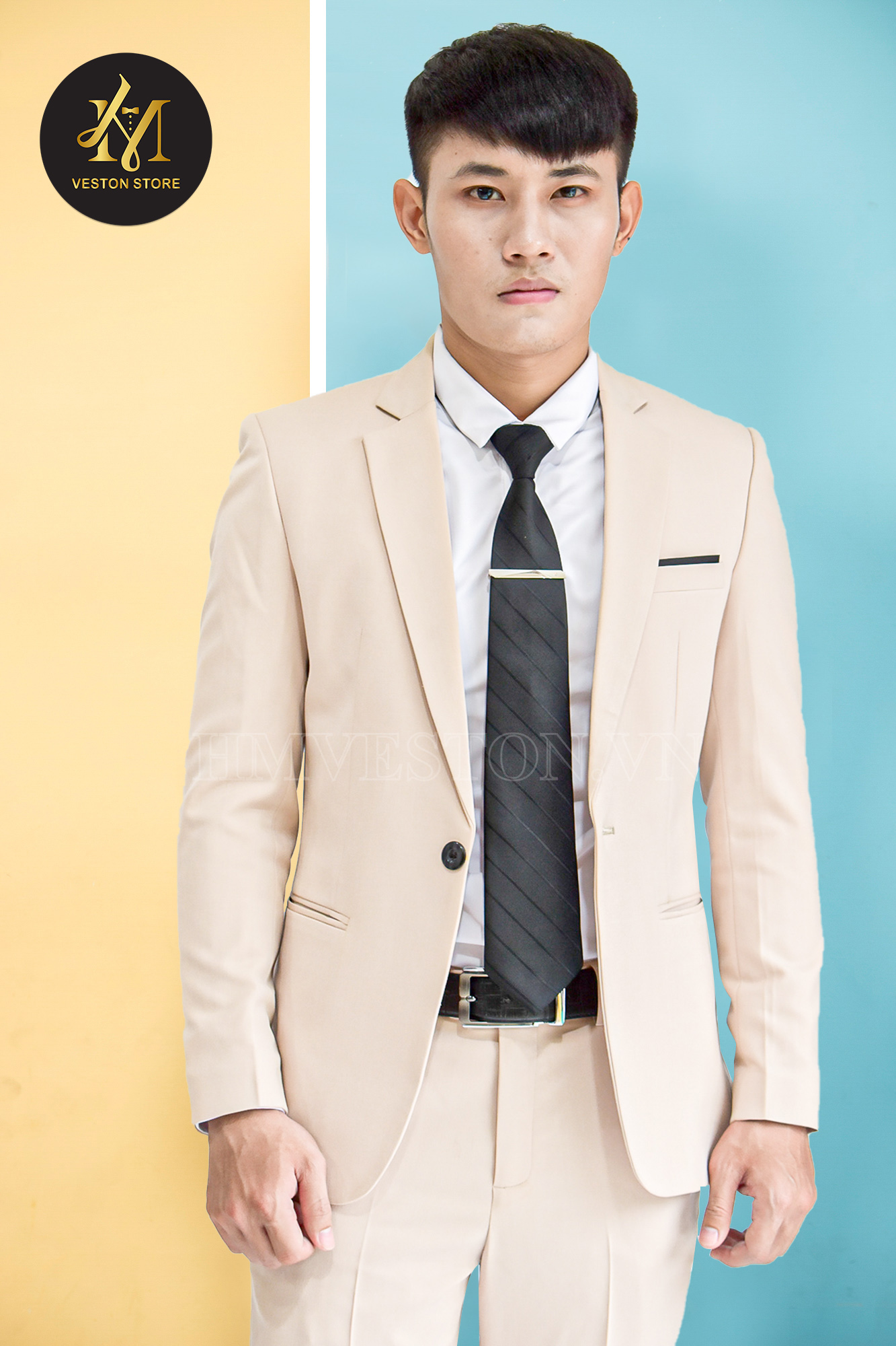 [HCM]Bộ vest nam form ôm body màu kem (áo vest+quần+cà vạt+nơ)