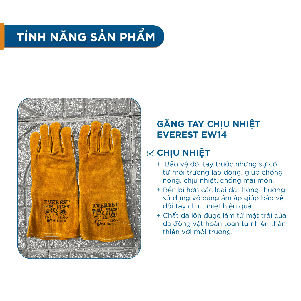 Găng tay chịu nhiệt Everest EW14 dùng cho thợ hàn, chống cháy tia lửa, dùng hàn que, cơ khí đa năng Bao tay - Thinksafe