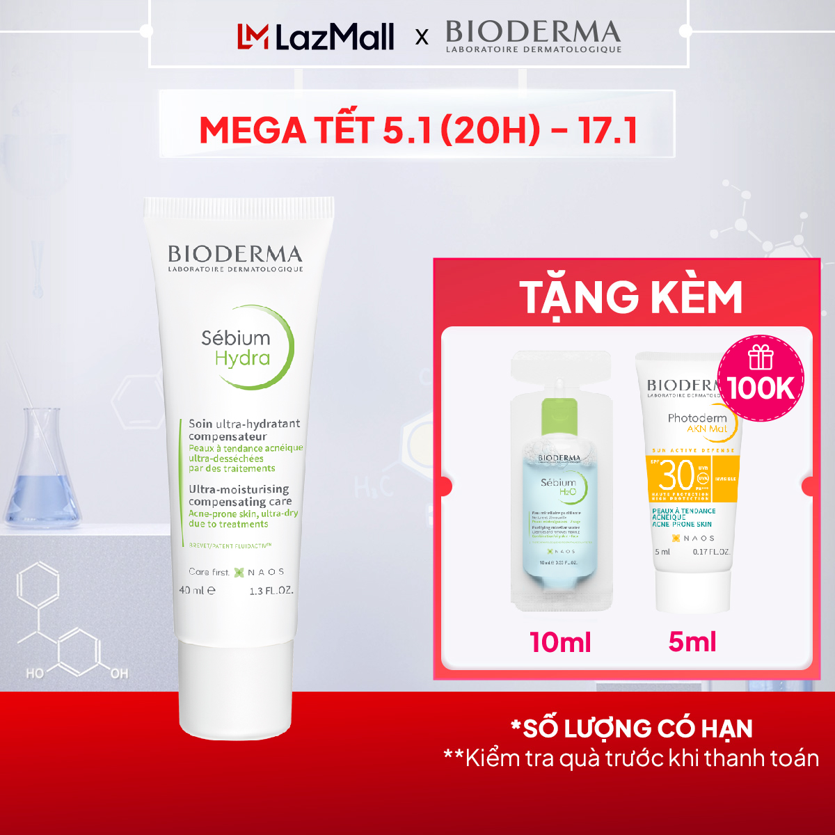 Kem dưỡng ẩm giảm khô căng, bong tróc cho da mụn Bioderma Sebium Hydra - 40ml