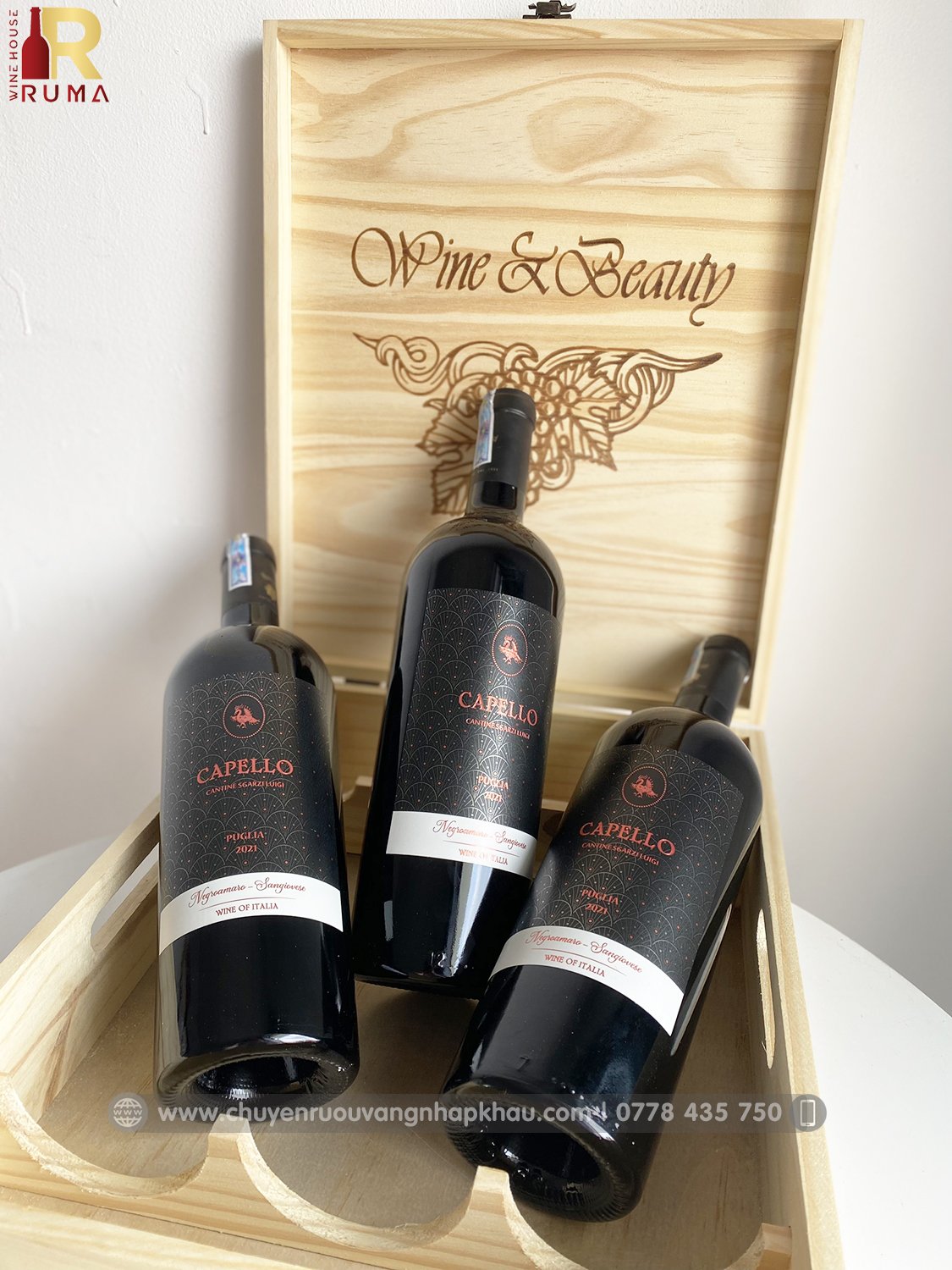 Set quà tặng hộp gỗ 3 chai vang Ý Capello Rosso