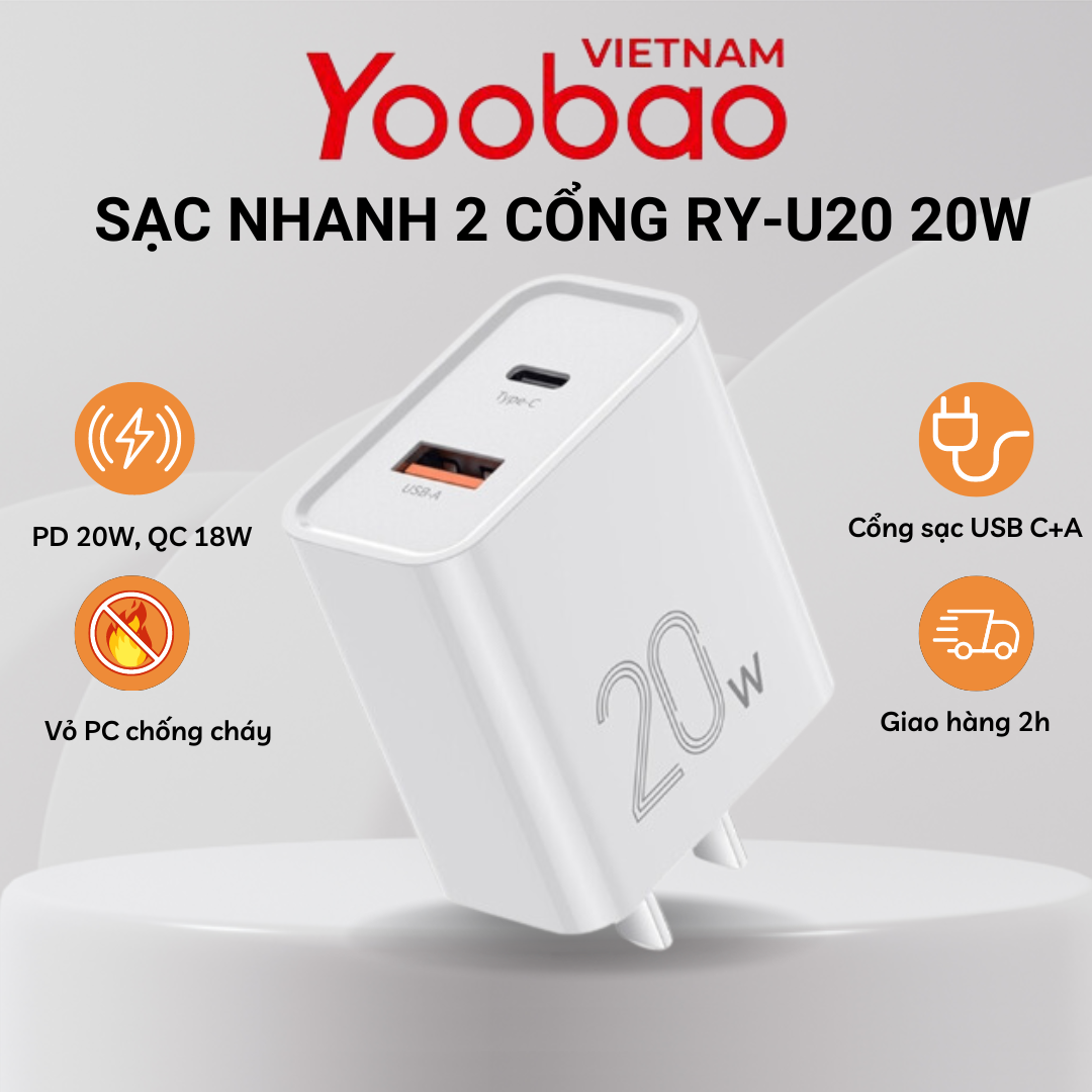 Củ sạc nhanh 2 cổng yoobao u20 pd20w - kết nối usb-a & type-c - hãng chính hãng yoobao - bảo hành 12 tháng