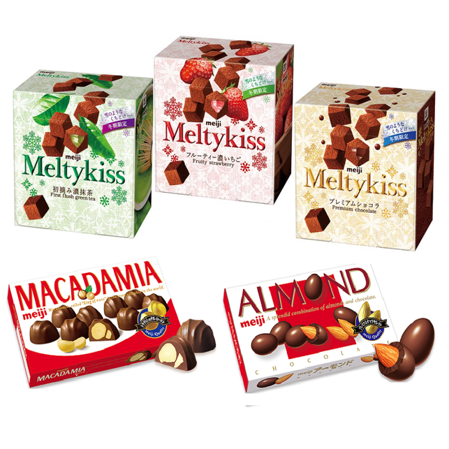 Socola Meiji Nhật bản đủ loại - Socola nhân hạt Meiji Almond & Macadamia, Socola bông tuyết tan chảy Meiji Meltykiss
