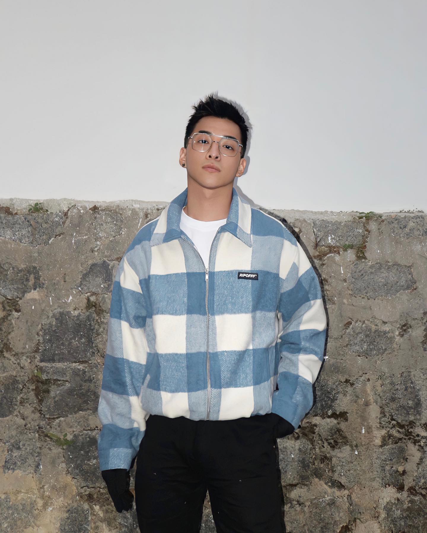 RIPOFFF Checked Zip Jacket - Blue White (Áo khoác tay dài dây kéo vải Wool sọc trắng xanh)