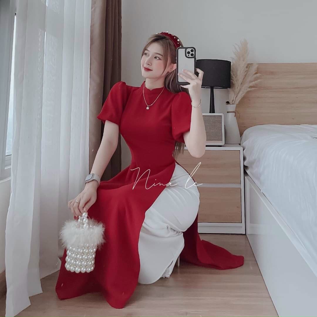 ÁO DÀI CÁCH TÂN ĐỎ LỤA NHUNG ĐÓN TẾT- KÈM QUẦN AD001