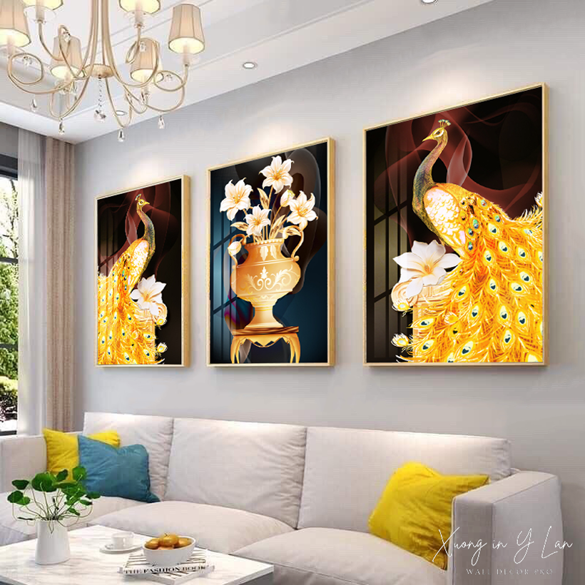 (Tặng đinh treo) Tranh chim công hoa mẫu đơn Abstract painting Tranh tráng gương chim công tranh tranh khổ lớn 40x60cm tranh phong thủy treo phòng khách