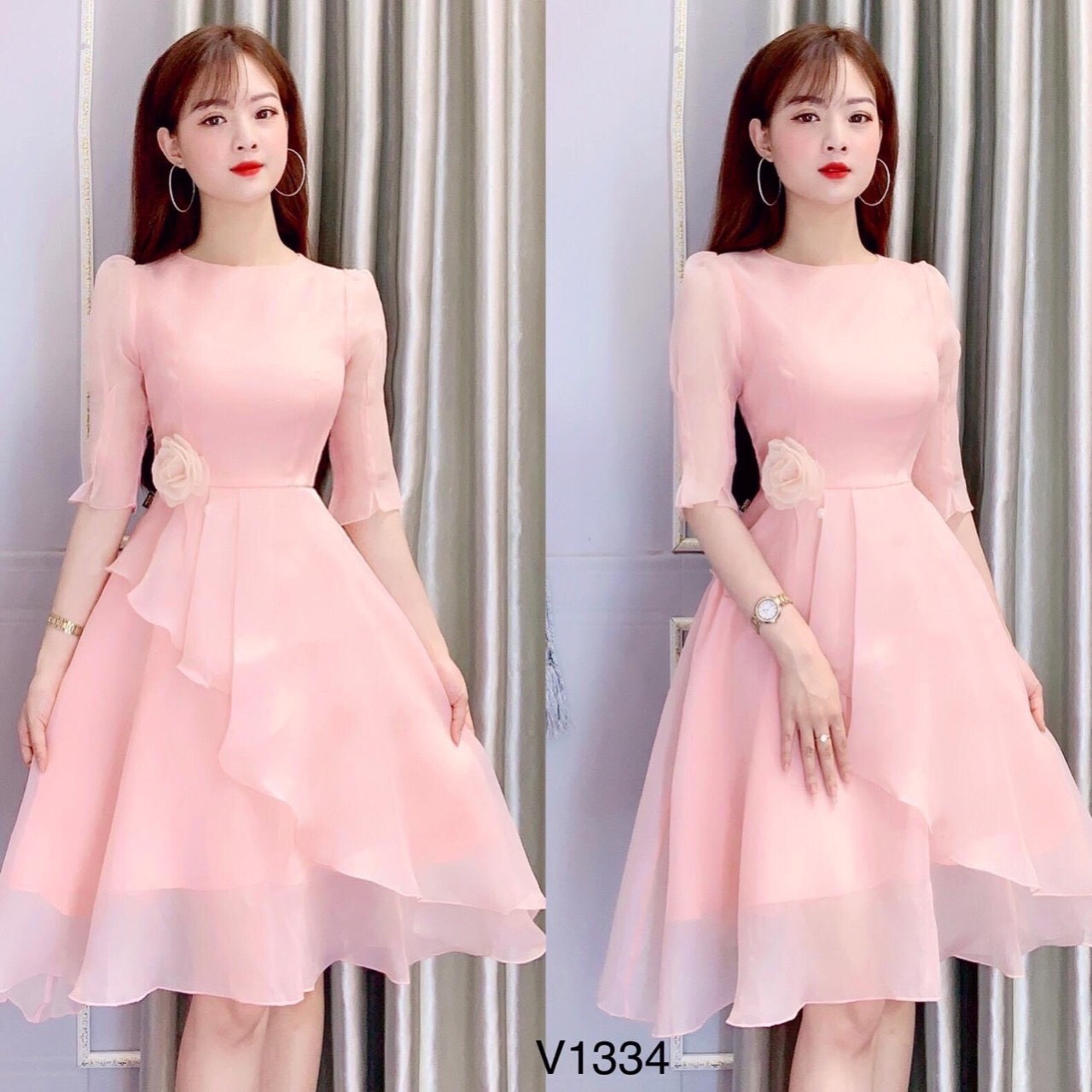 Đầm xòe vạt chéo kết bông eo xinh xắn