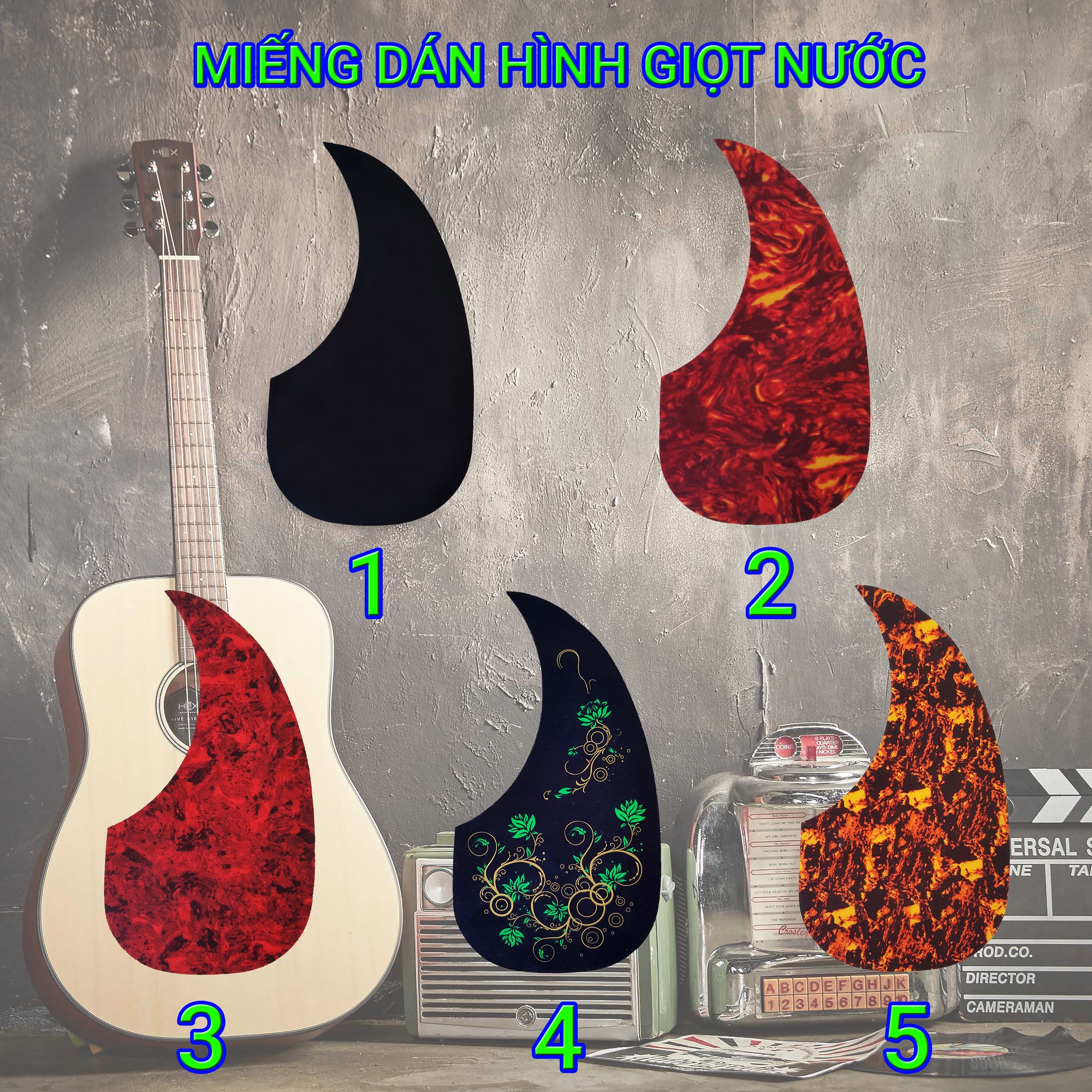 11 MẪU | Miếng dán giả khảm trang trí cần đàn Guitar