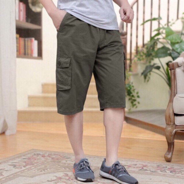 Quần Short Ngố Nam Trung Niên Cạp Chun Dáng Dài Vải Kaki Cao Cấp