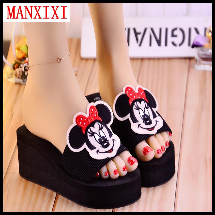 MANXIXI Brand Beautiful Flat Slippers 2.36 Inches Wedge Sandals Anime Mouse Inlay Rubber Sole Sturdy Black Shoes For Women (34-39 size)