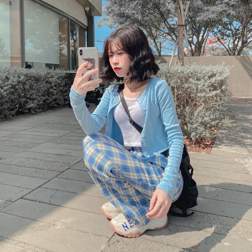 Quần caro ống rộng cạp chun Madela