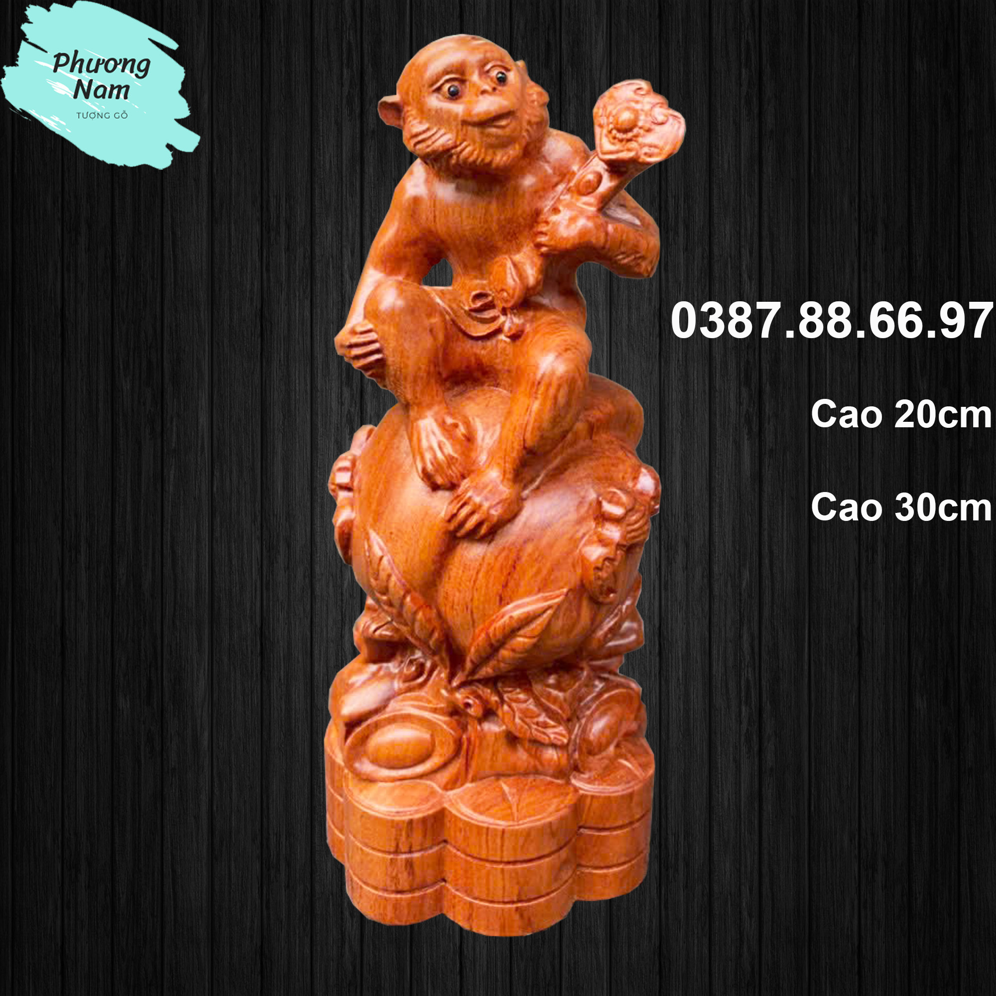 Tượng gỗ con khỉ linh vật tuổi thân cao 20cm và 30cm chất liệu gỗ hương