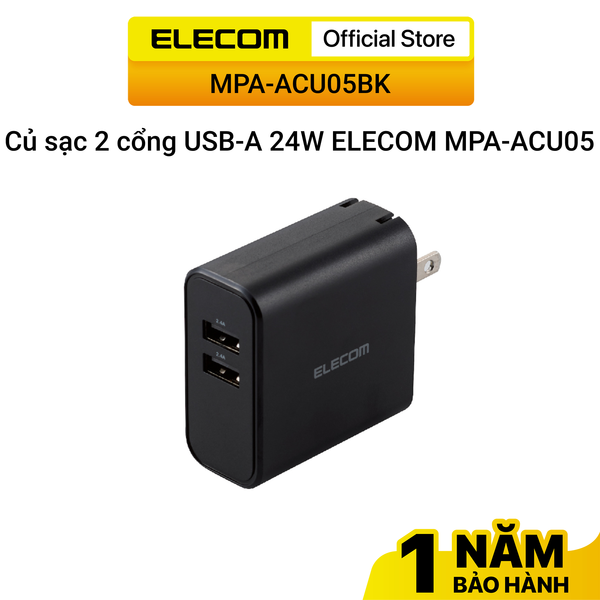 Củ sạc 2 cổng USB-A 24W ELECOM MPA-ACU05 - Hàng Chính Hãng