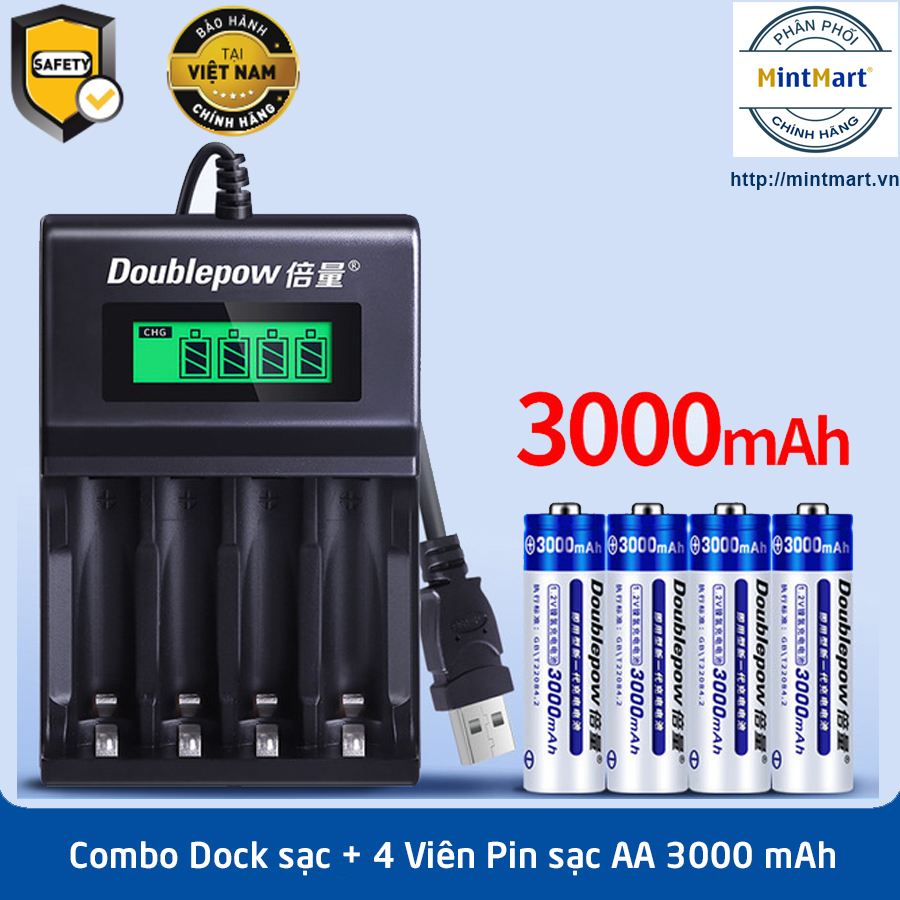 Combo Bộ sạc 4 pin đa năng DP-K93B ( sạc pin AA, AAA) + Hộp 4 viên Pin sạc lại Doublepow AA 3000mAh