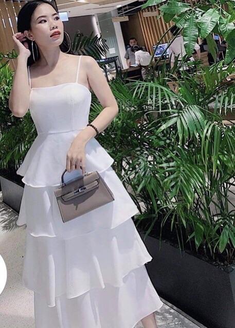 [HCM]Đầm hai dây Maxi trắng 4 tầng