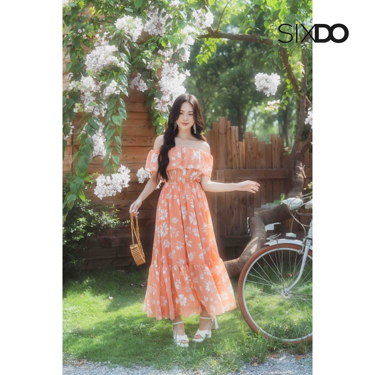 Đầm hoa voan midi trễ vai chun eo thời trang SIXDO (Floral Maxi Voile Dress)