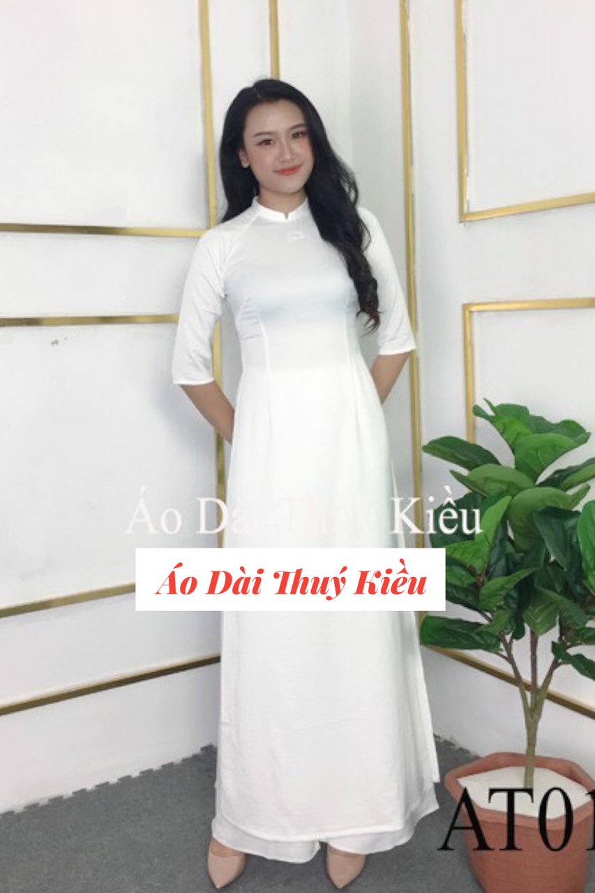 Áo dài trắng học sinh đi học may sẵn lụa tây thi đẹp cổ truyền thống cho nữ sinh 2 tà at01