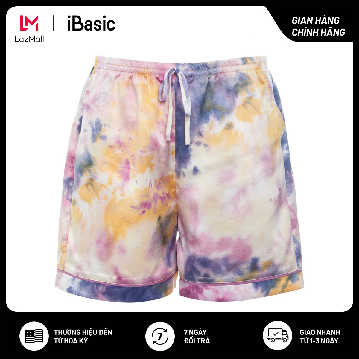 Quần đùi pyjama nữ ngắn mặc nhà lụa Satin hoạ tiết iBasic HOMW028B