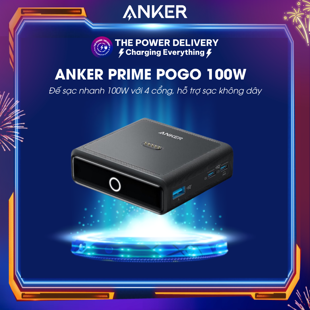 Đế sạc anker pogo a1902 sạc nhanh 100w với 4 cổng dành cho anker prime power bank, hỗ trợ sạc không dây, báo led