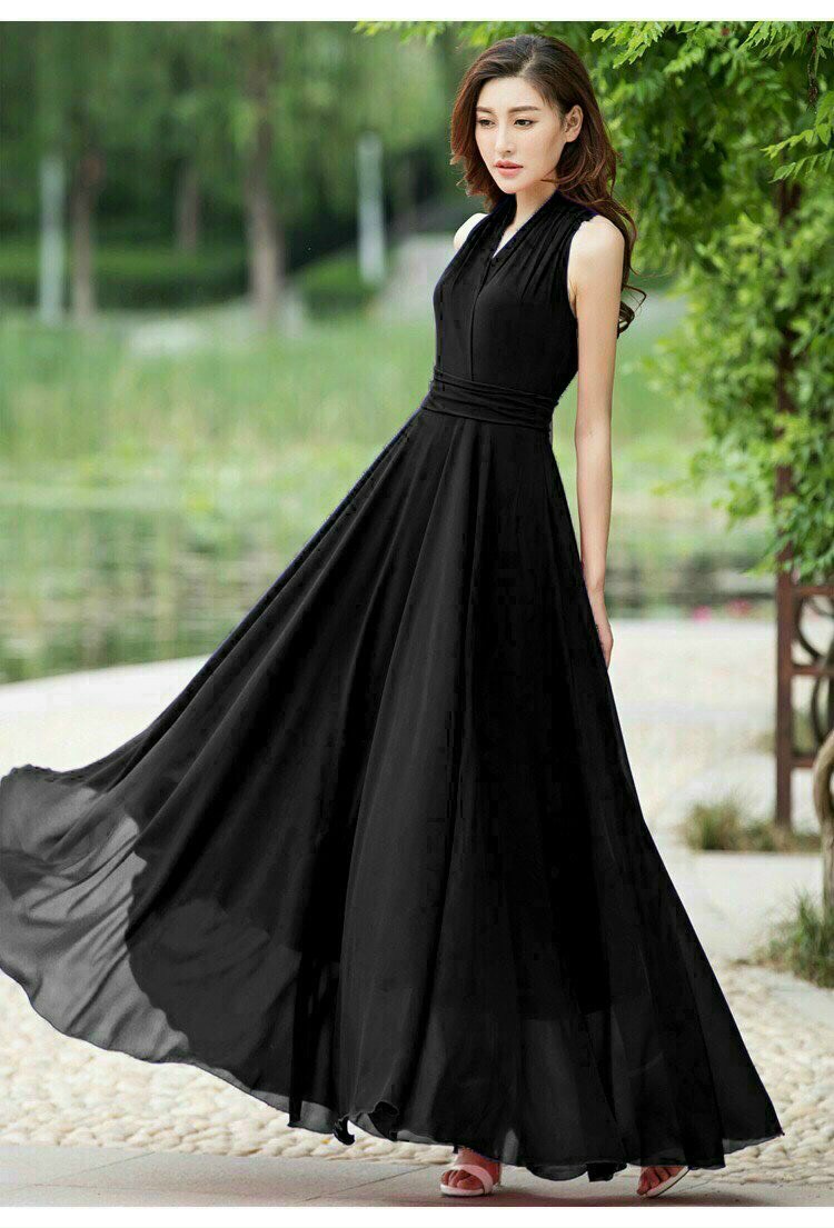 dầm maxi dài đen cổ v sang trọng