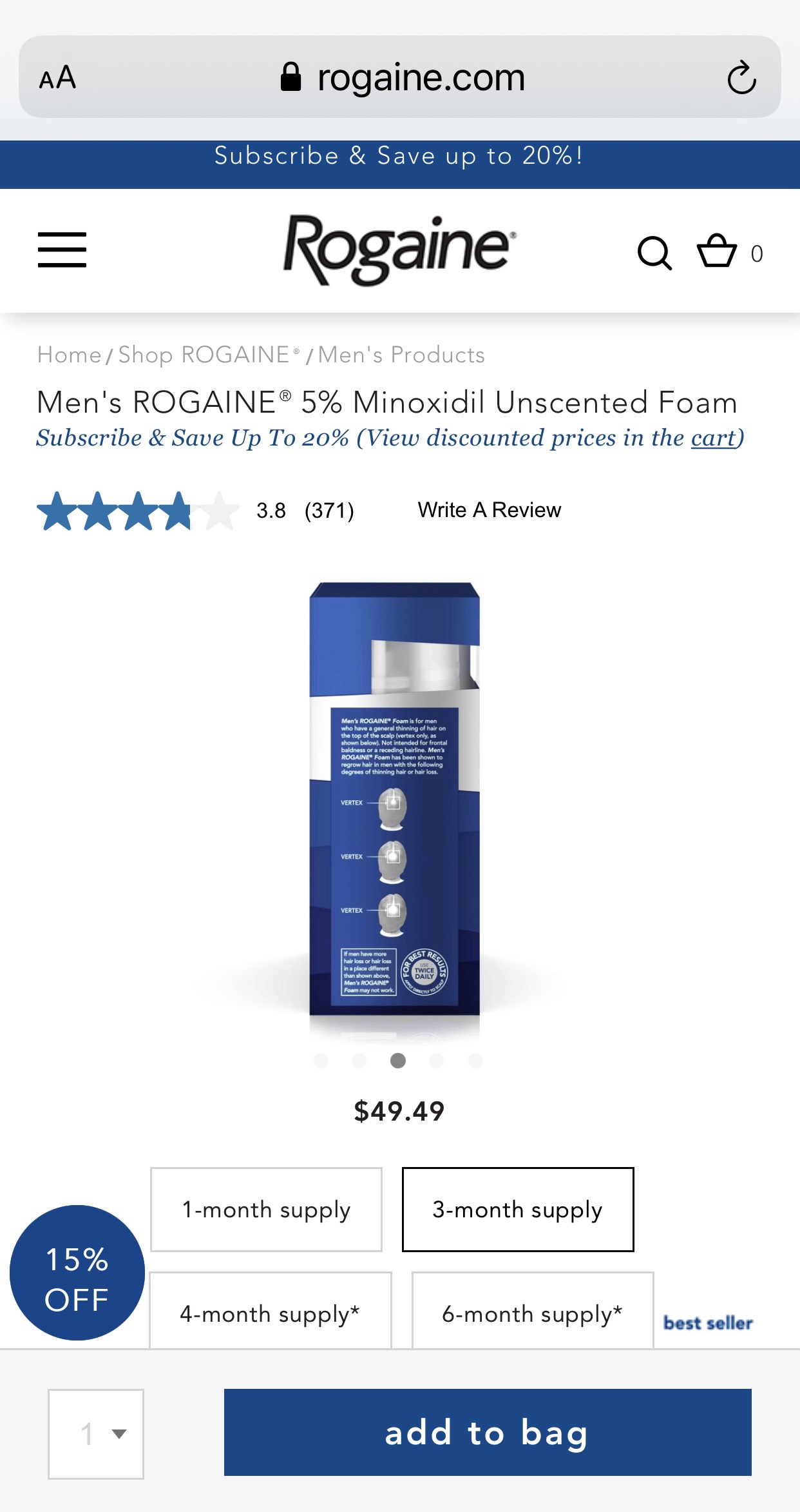 Kem mọc tóc Rogaine Minoxidil 5% cho Nam (Bộ 3 chai 60ml x3)