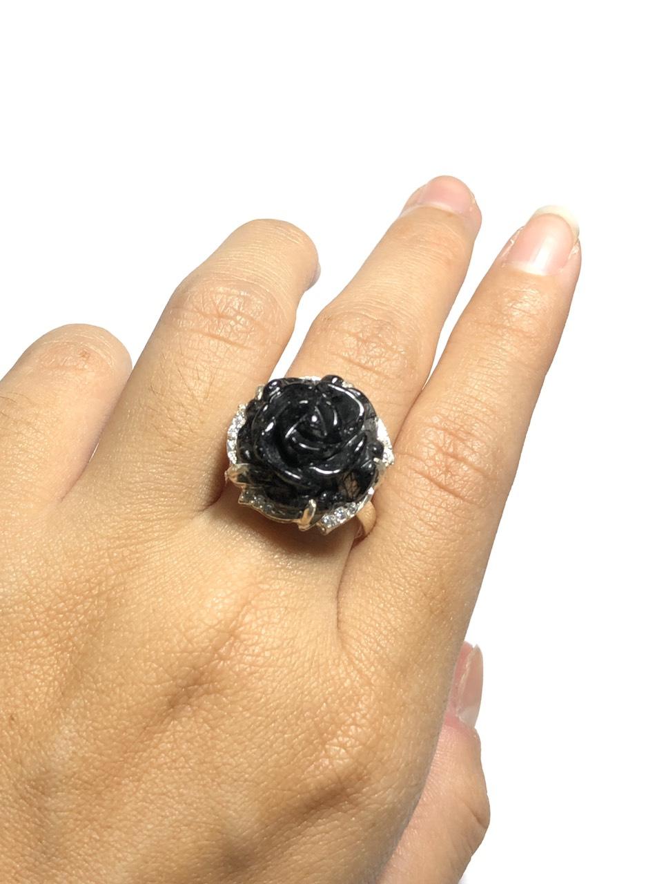[FreeshipMAX] nhẫn bạc 925 hoa mẫu đơn thạch anh tóc đen size 16