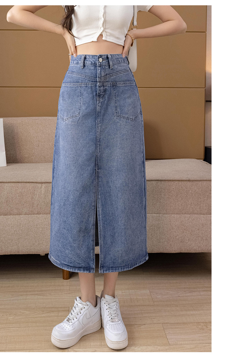 CAO CẤP Chân váy jean ngang gối 07 C121 vải jean dày không co dãn dáng suông có túi to